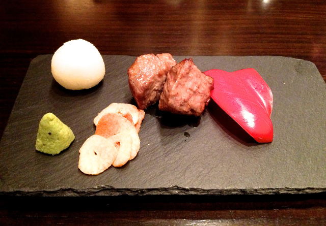 My meat with a touch of red garnish courtesy of the chef