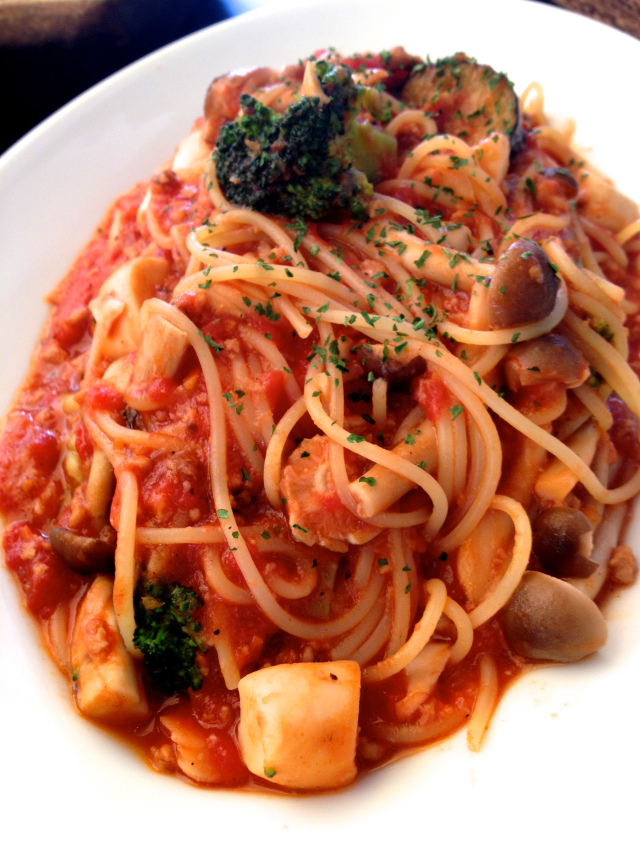 A tomato based seafood pasta