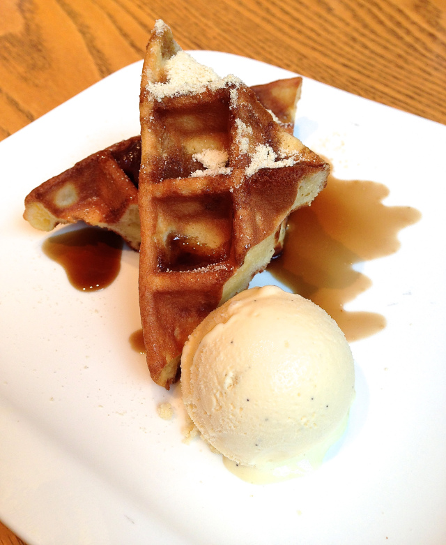 The waffles with vanilla ice cream