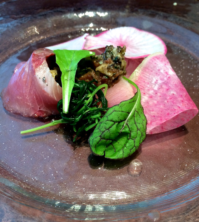 Second appetizers choice : Yellowtail marinated with ginger, tomato and eggplant tapenade